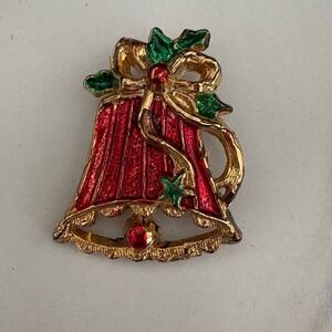 Vintage Christmas Bell Brooch Red Gold Enamel Holiday Pin Jewelry‎